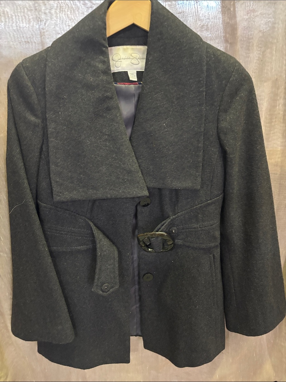 Jessica Simpson Dark Charcoal Wool-Blend Pea Coat with Buckle Detail
